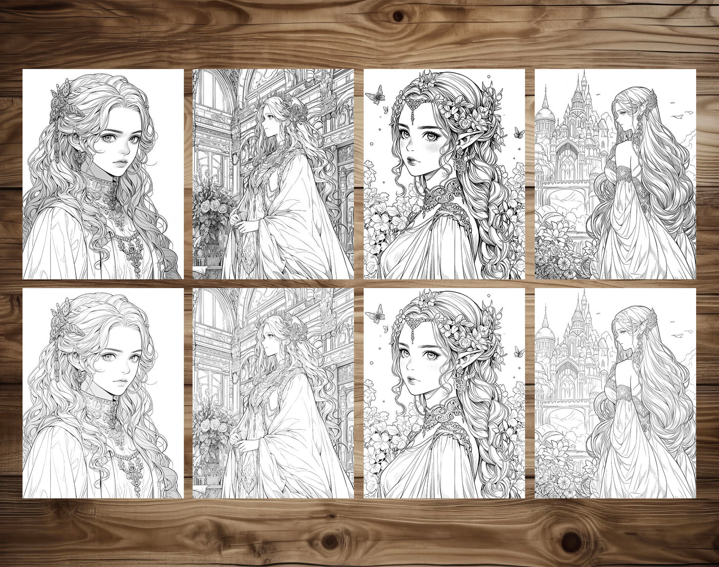 60 Anime Princess Grayscale Coloring Pages - Instant Download - Printable PDF Dark/Light – preview 5