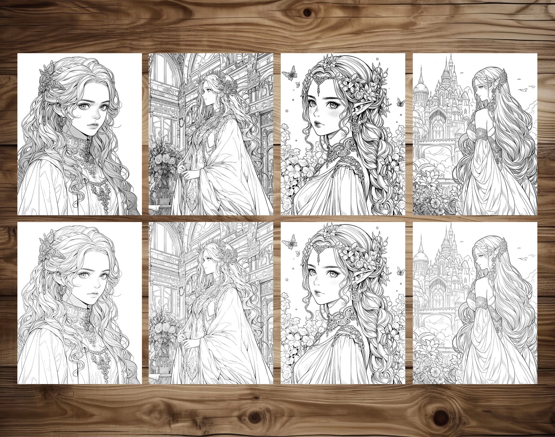 60 Anime Princess Grayscale Coloring Pages - Instant Download - Printable PDF Dark/Light – preview 5