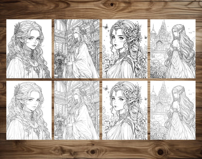 60 Anime Princess Grayscale Coloring Pages - Instant Download - Printable PDF Dark/Light – preview 5