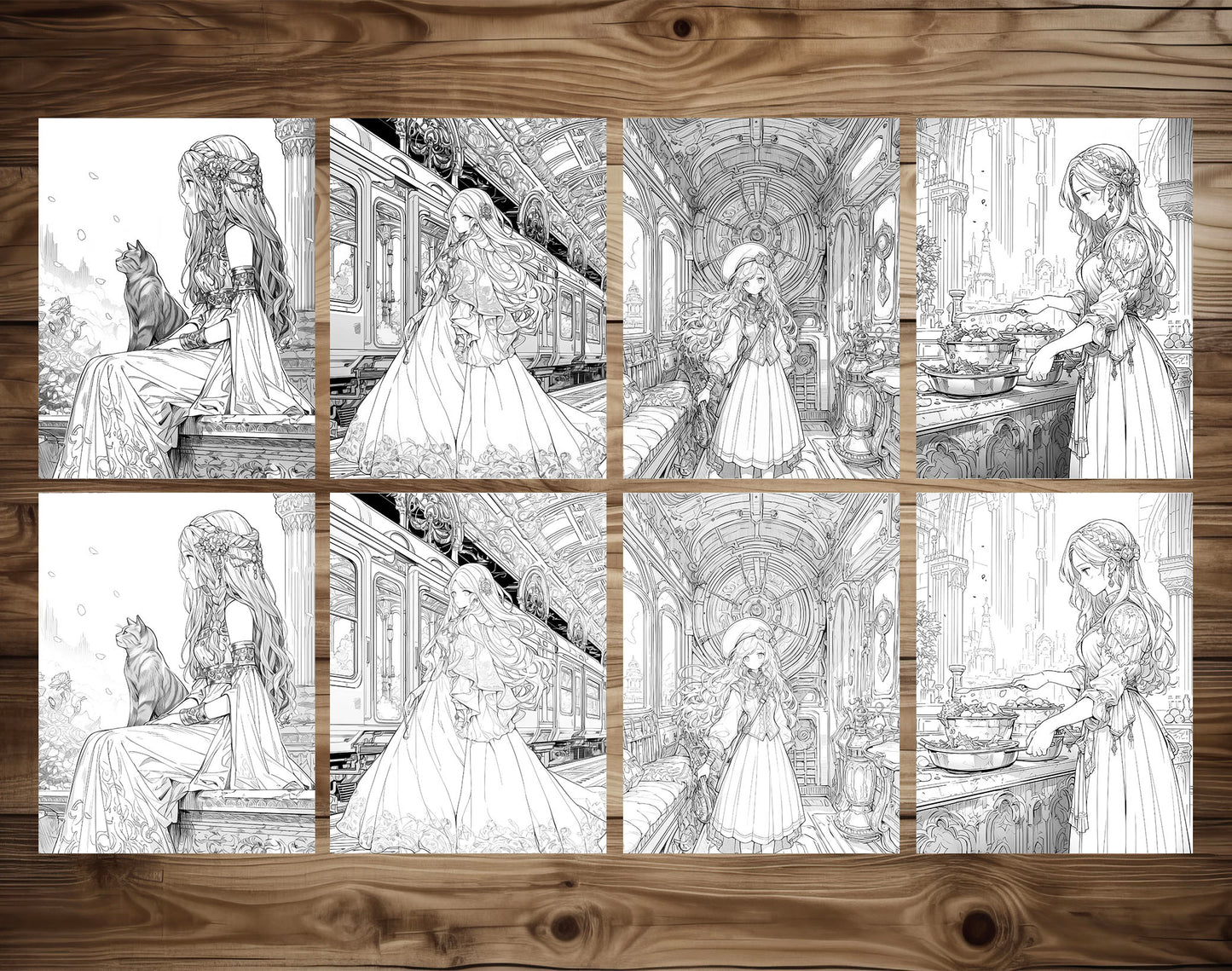 60 Anime Princess Grayscale Coloring Pages - Instant Download - Printable PDF Dark/Light – preview 6
