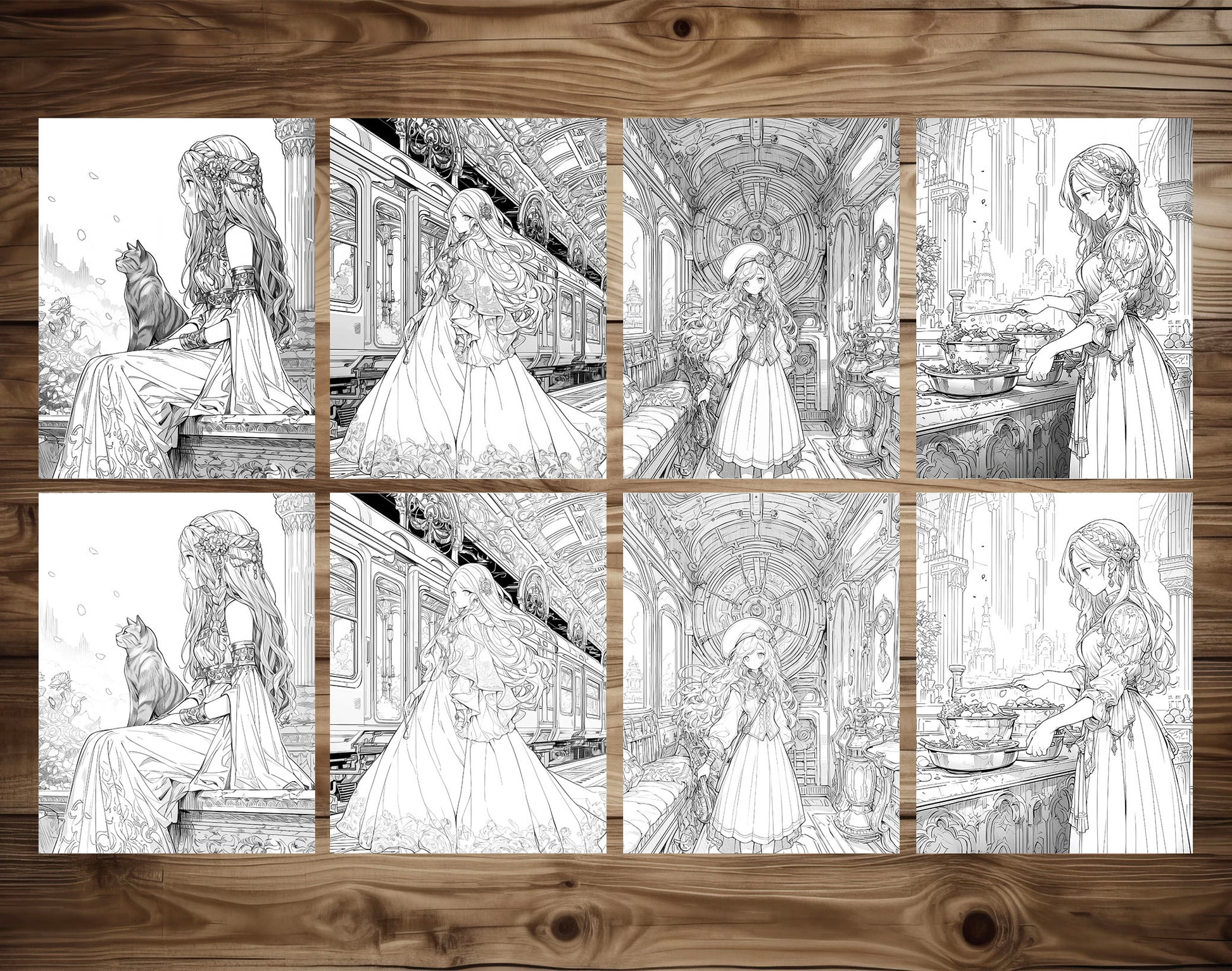 60 Anime Princess Grayscale Coloring Pages - Instant Download - Printable PDF Dark/Light – preview 6