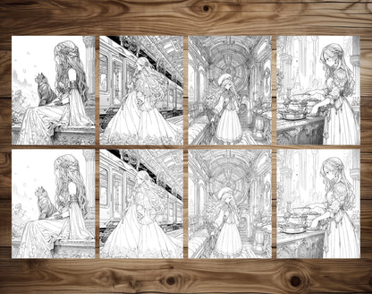 60 Anime Princess Grayscale Coloring Pages - Instant Download - Printable PDF Dark/Light – preview 6