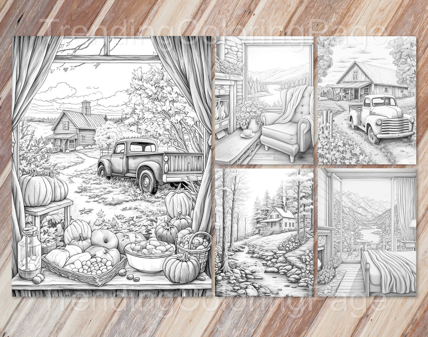 60 Autumn Charm Grayscale Coloring Pages - Instant Download - Printable PDF – preview 2