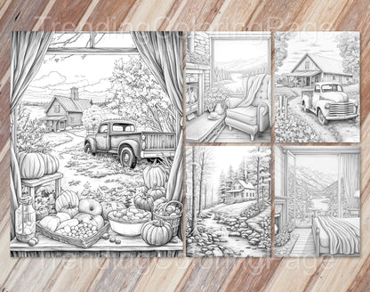 60 Autumn Charm Grayscale Coloring Pages - Instant Download - Printable PDF – preview 2