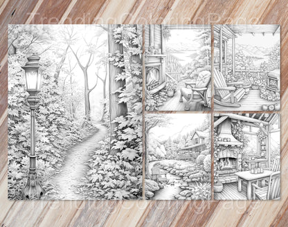 60 Autumn Charm Grayscale Coloring Pages - Instant Download - Printable PDF – preview 4