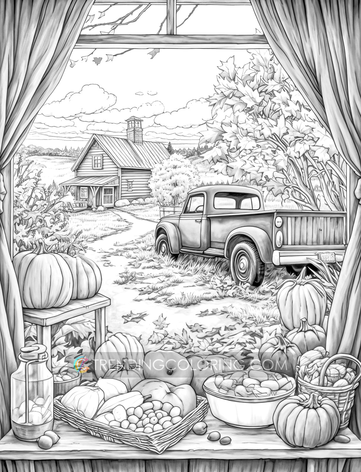 60 Autumn Charm Grayscale Coloring Pages - Instant Download - Printable PDF – preview 5
