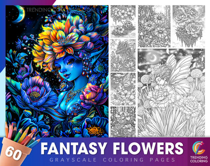60 Fantasy Flowers Grayscale Coloring Pages - Instant Download - Printable PDF Dark/Light