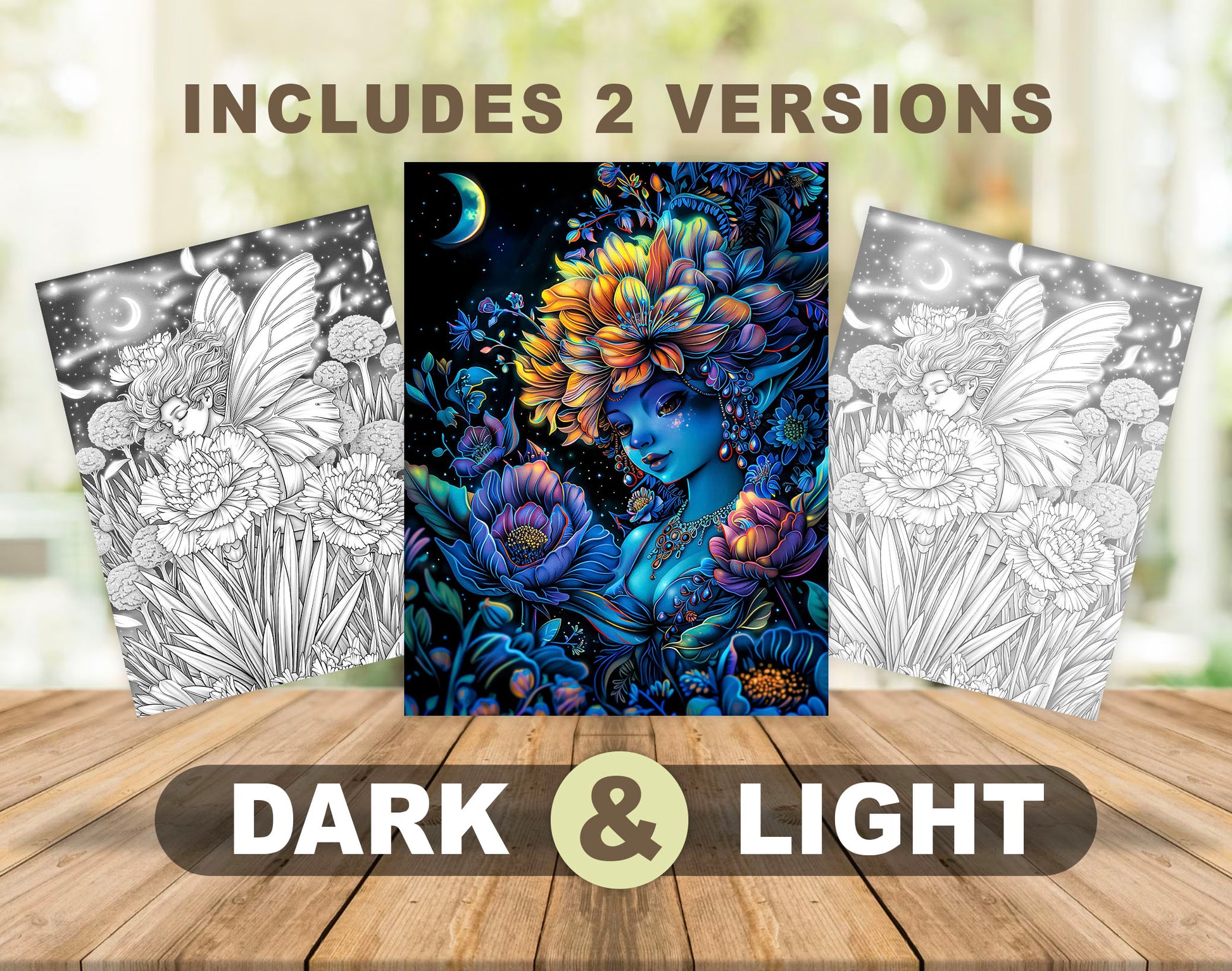 60 Fantasy Flowers Grayscale Coloring Pages - Instant Download - Printable PDF Dark/Light – preview 3