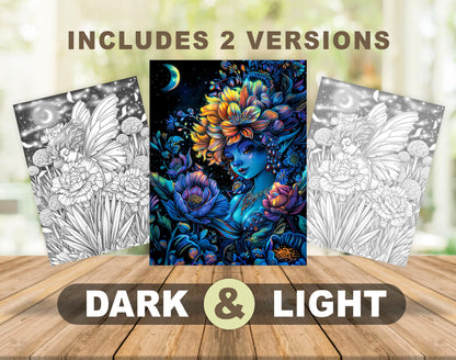 60 Fantasy Flowers Grayscale Coloring Pages - Instant Download - Printable PDF Dark/Light – preview 3