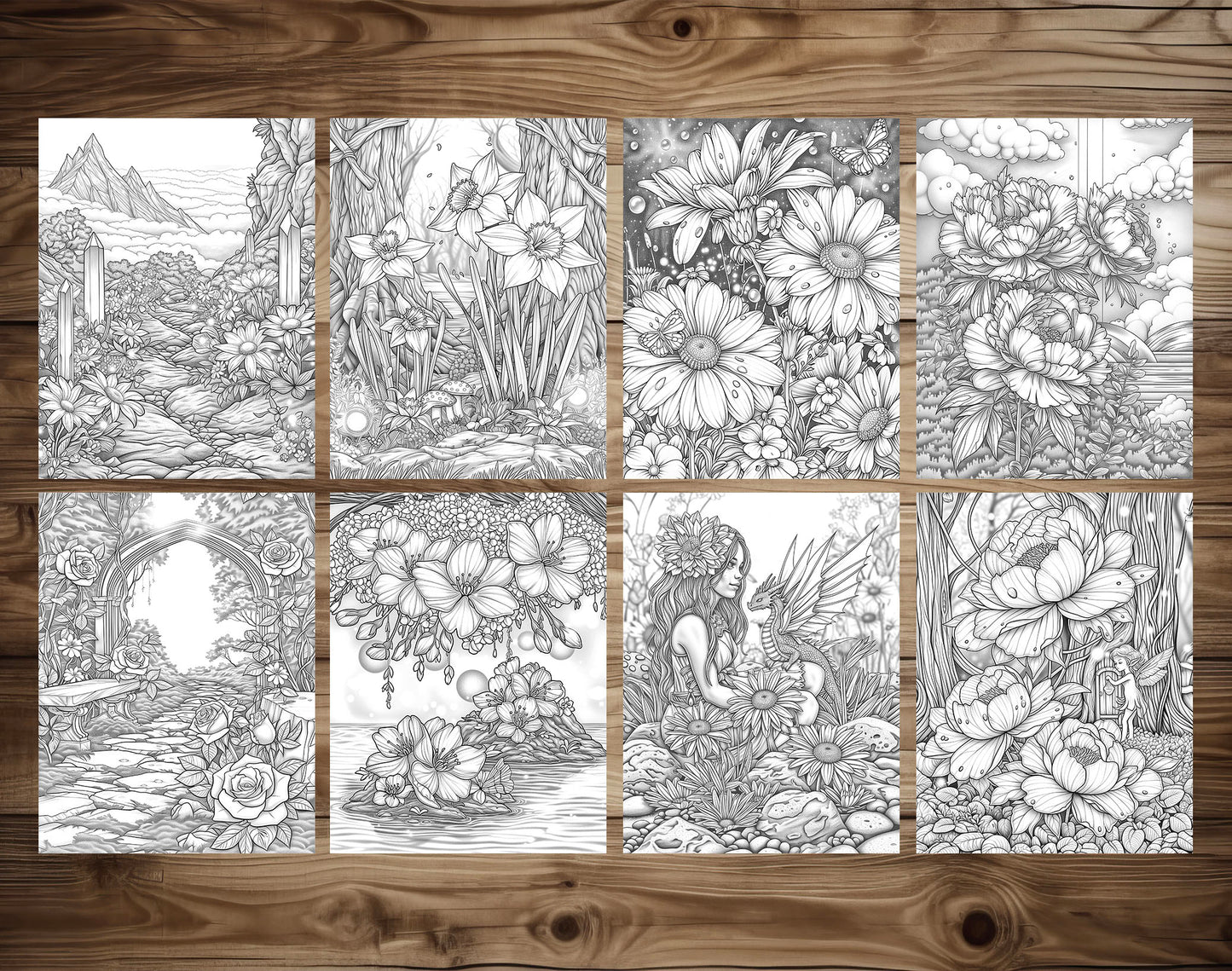60 Fantasy Flowers Grayscale Coloring Pages - Instant Download - Printable PDF Dark/Light – preview 4
