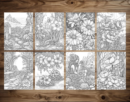 60 Fantasy Flowers Grayscale Coloring Pages - Instant Download - Printable PDF Dark/Light – preview 4