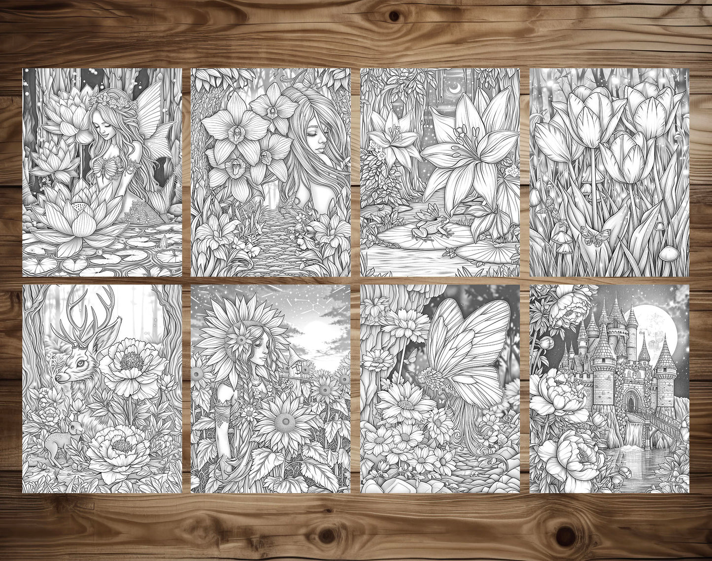 60 Fantasy Flowers Grayscale Coloring Pages - Instant Download - Printable PDF Dark/Light – preview 5