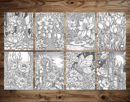 60 Fantasy Flowers Grayscale Coloring Pages - Instant Download - Printable PDF Dark/Light – preview 5