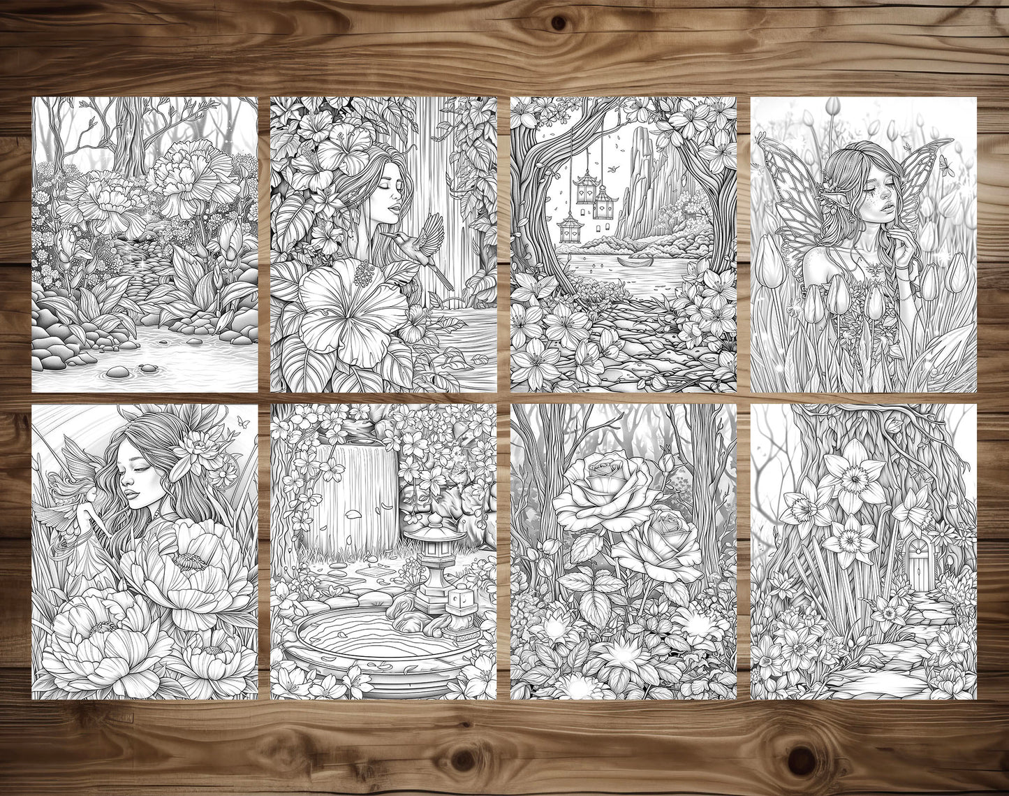 60 Fantasy Flowers Grayscale Coloring Pages - Instant Download - Printable PDF Dark/Light – preview 6