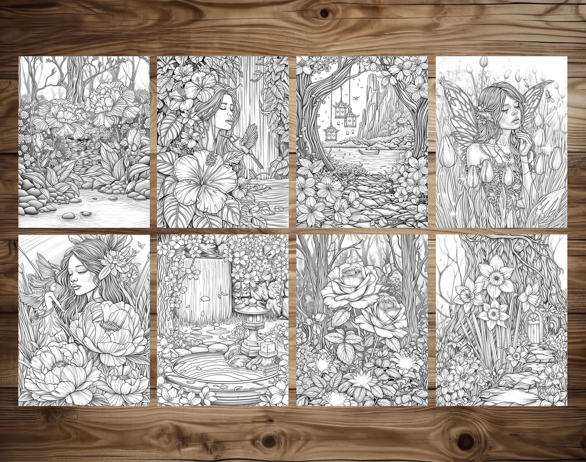 60 Fantasy Flowers Grayscale Coloring Pages - Instant Download - Printable PDF Dark/Light – preview 6