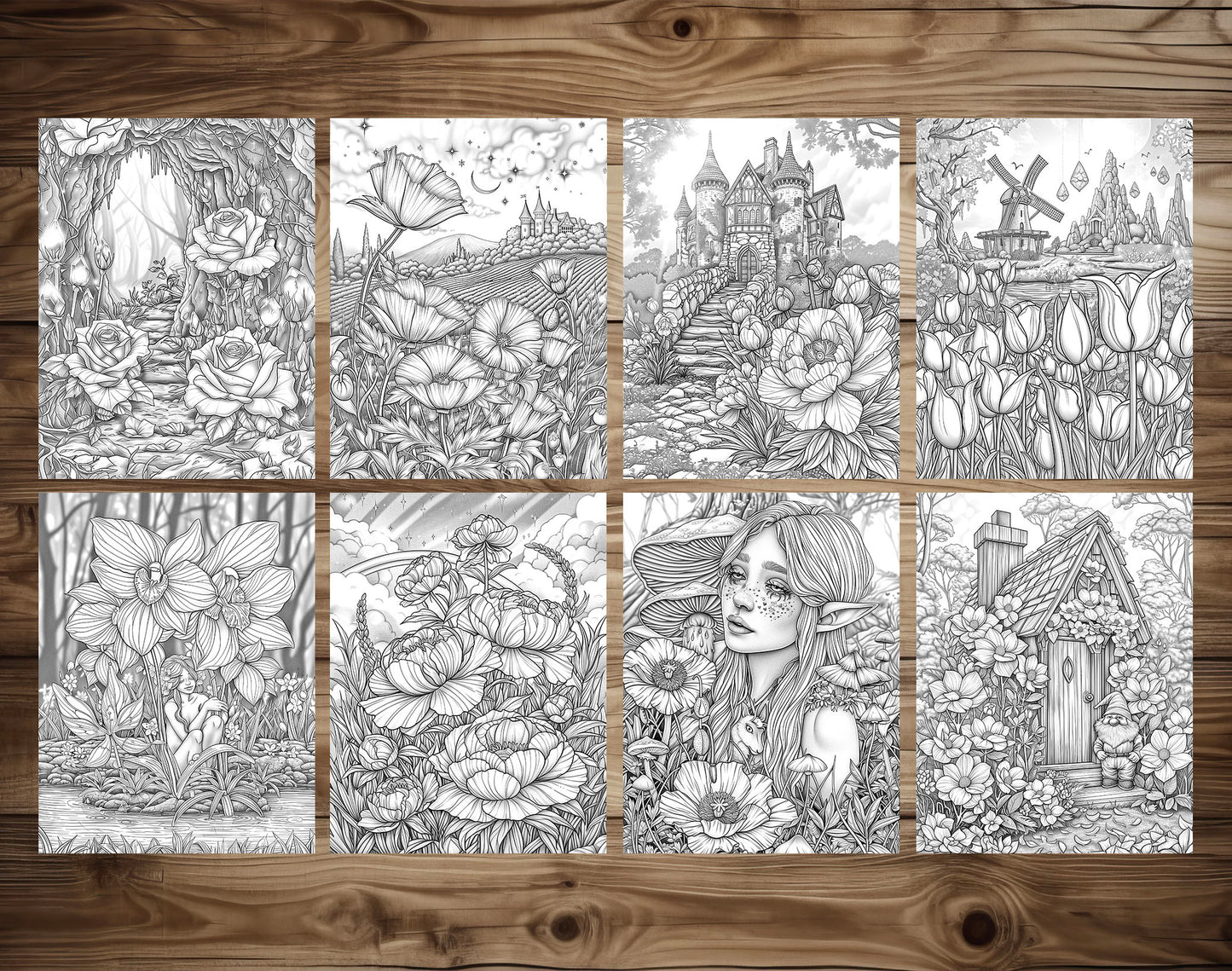 60 Fantasy Flowers Grayscale Coloring Pages - Instant Download - Printable PDF Dark/Light – preview 7