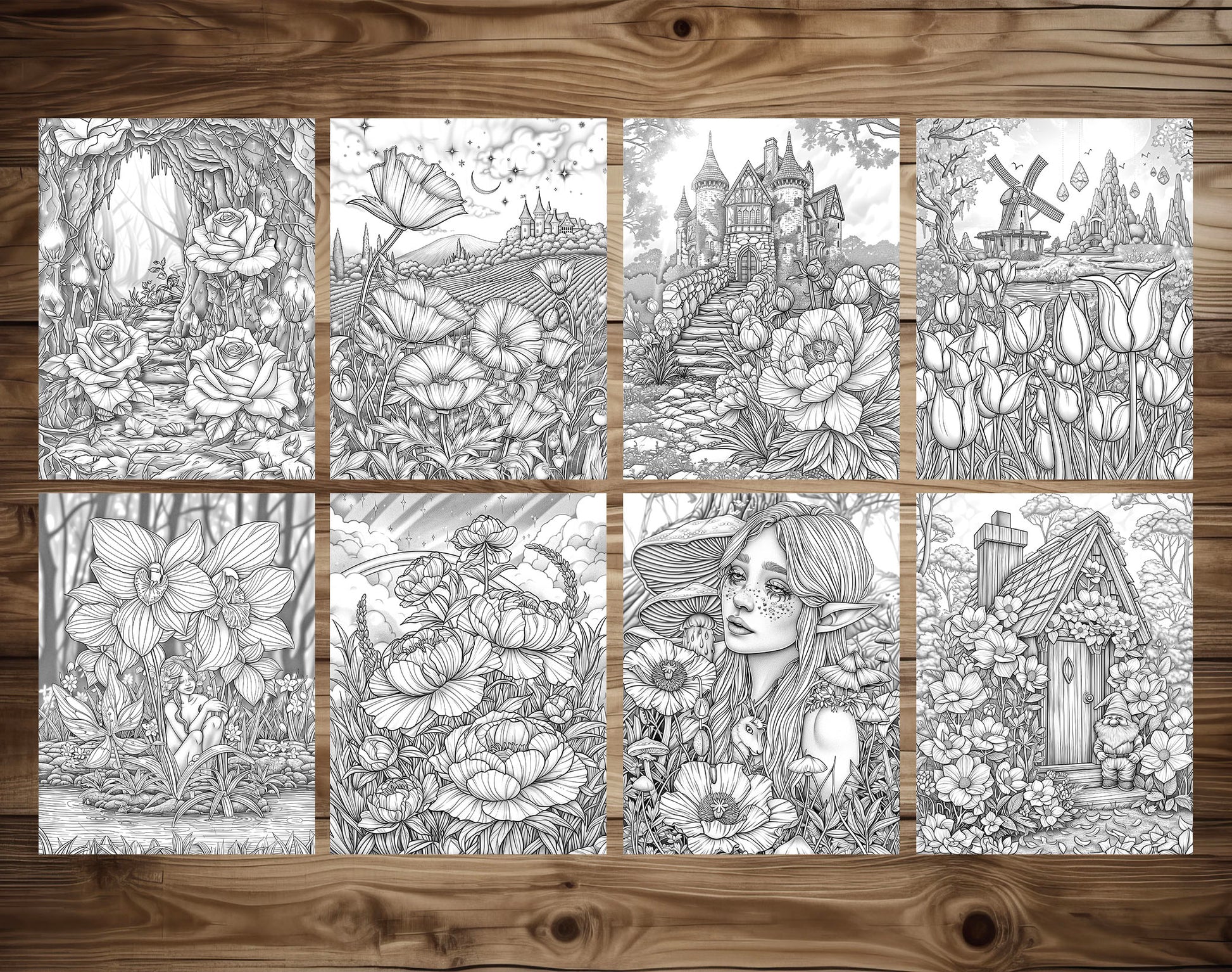 60 Fantasy Flowers Grayscale Coloring Pages - Instant Download - Printable PDF Dark/Light – preview 7