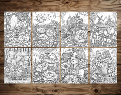 60 Fantasy Flowers Grayscale Coloring Pages - Instant Download - Printable PDF Dark/Light – preview 7