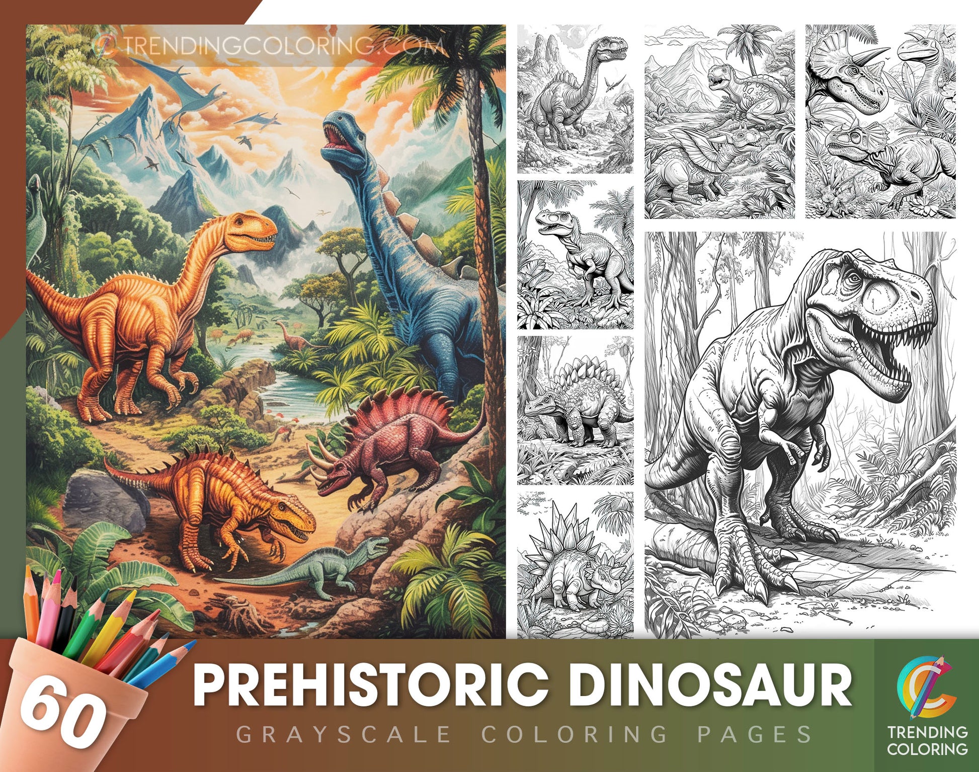 60 Prehistoric Dinosaur Grayscale Coloring Pages - Instant Download - Printable PDF Dark/Light