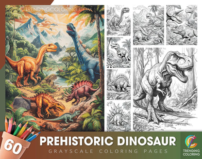 60 Prehistoric Dinosaur Grayscale Coloring Pages - Instant Download - Printable PDF Dark/Light
