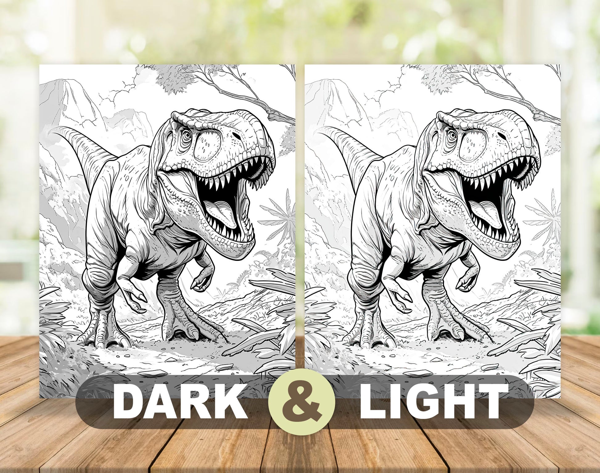 60 Prehistoric Dinosaur Grayscale Coloring Pages - Instant Download - Printable PDF Dark/Light – preview 4
