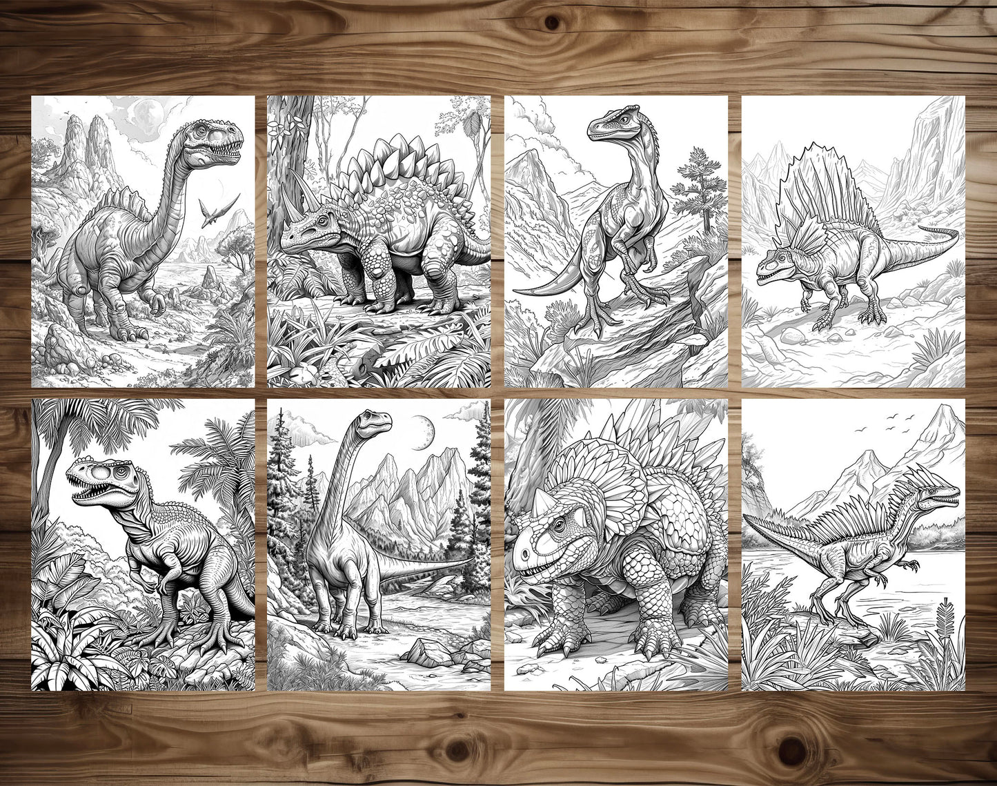 60 Prehistoric Dinosaur Grayscale Coloring Pages - Instant Download - Printable PDF Dark/Light – preview 5