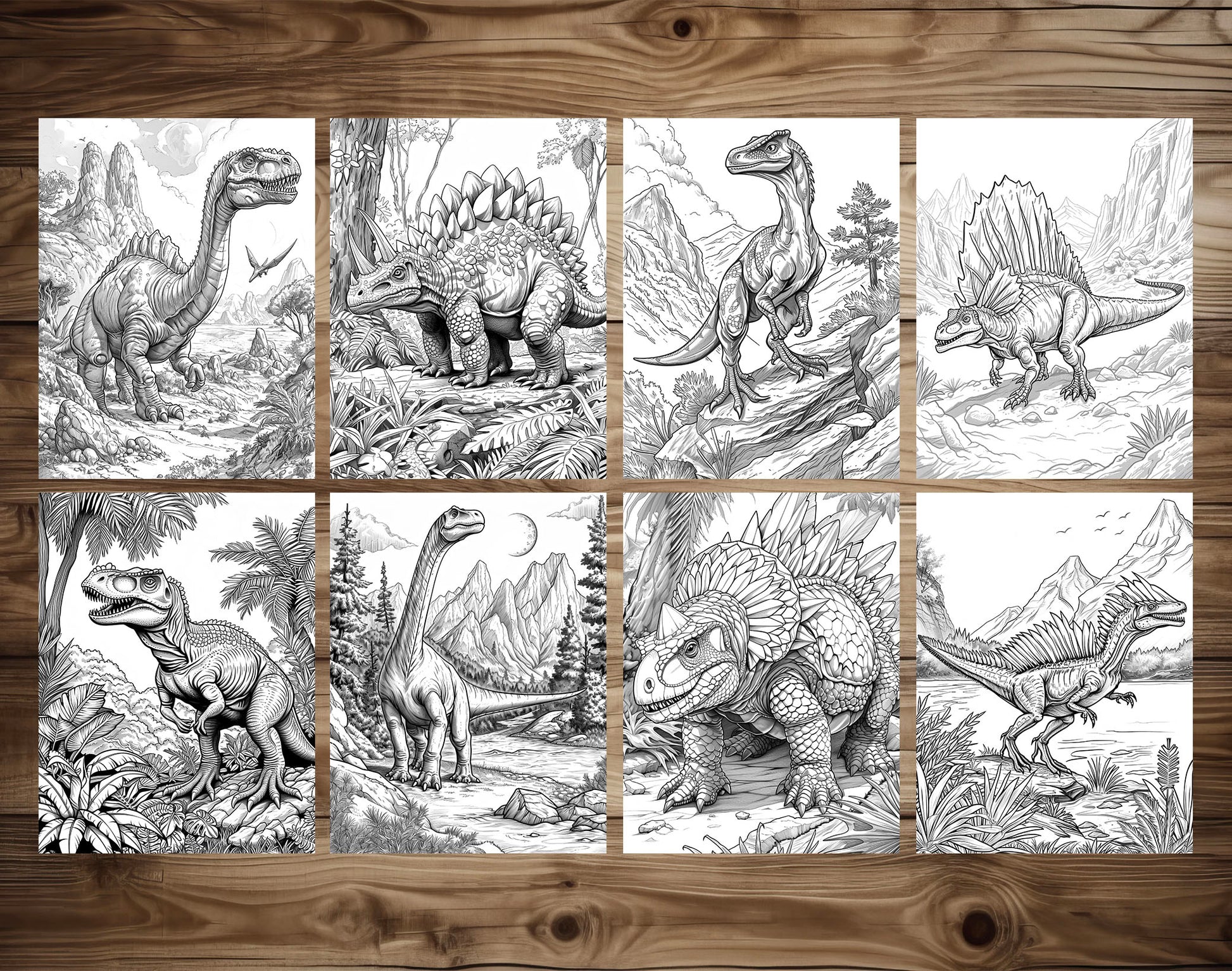 60 Prehistoric Dinosaur Grayscale Coloring Pages - Instant Download - Printable PDF Dark/Light – preview 5