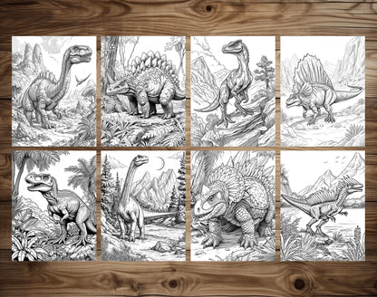 60 Prehistoric Dinosaur Grayscale Coloring Pages - Instant Download - Printable PDF Dark/Light – preview 5