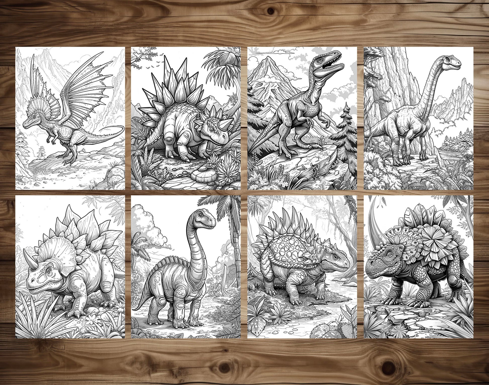 60 Prehistoric Dinosaur Grayscale Coloring Pages - Instant Download - Printable PDF Dark/Light – preview 6