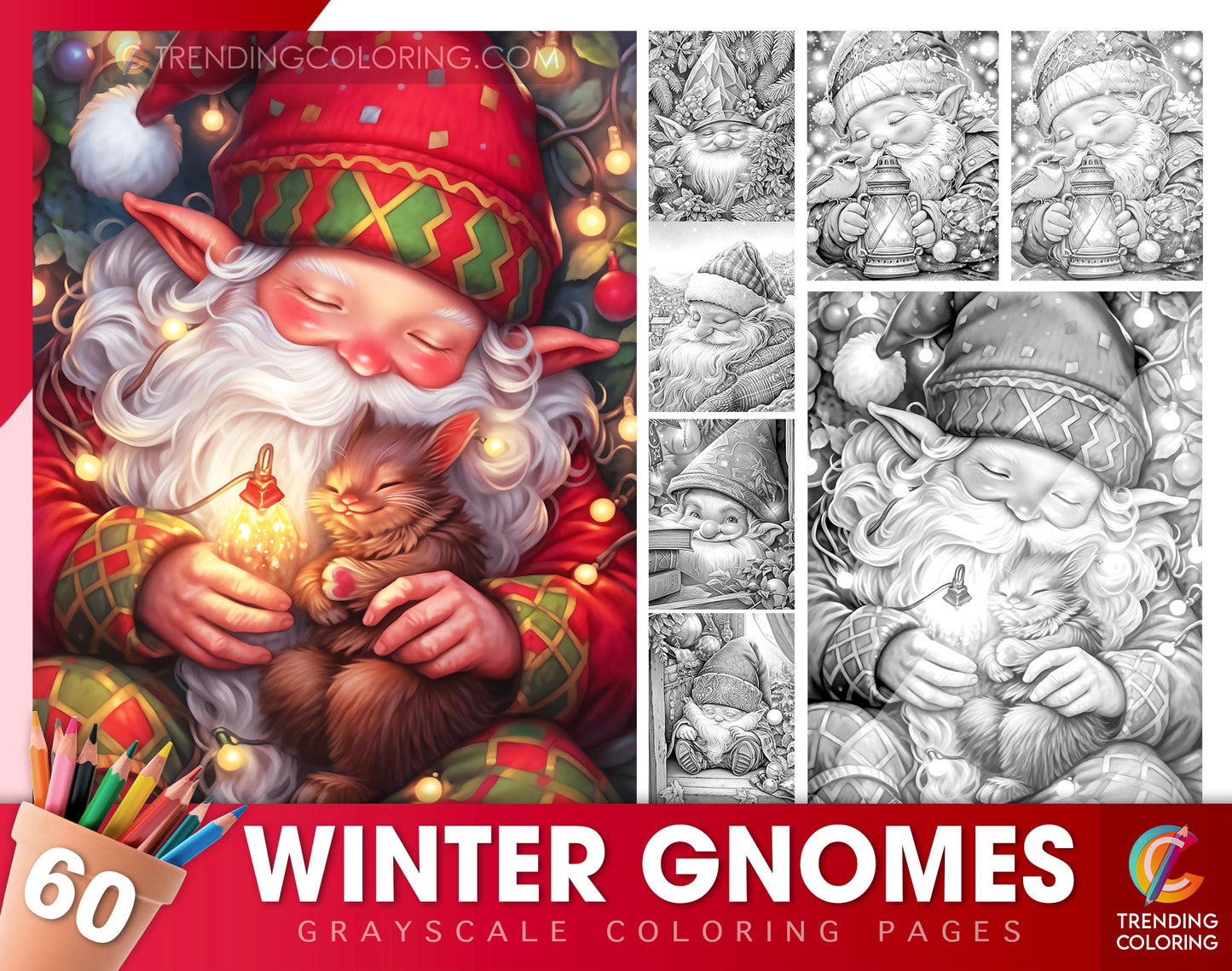 60 Winter Gnomes Grayscale Coloring Pages - Instant Download - Printable PDF Dark/Light