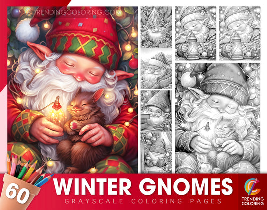 60 Winter Gnomes Grayscale Coloring Pages - Instant Download - Printable PDF Dark/Light