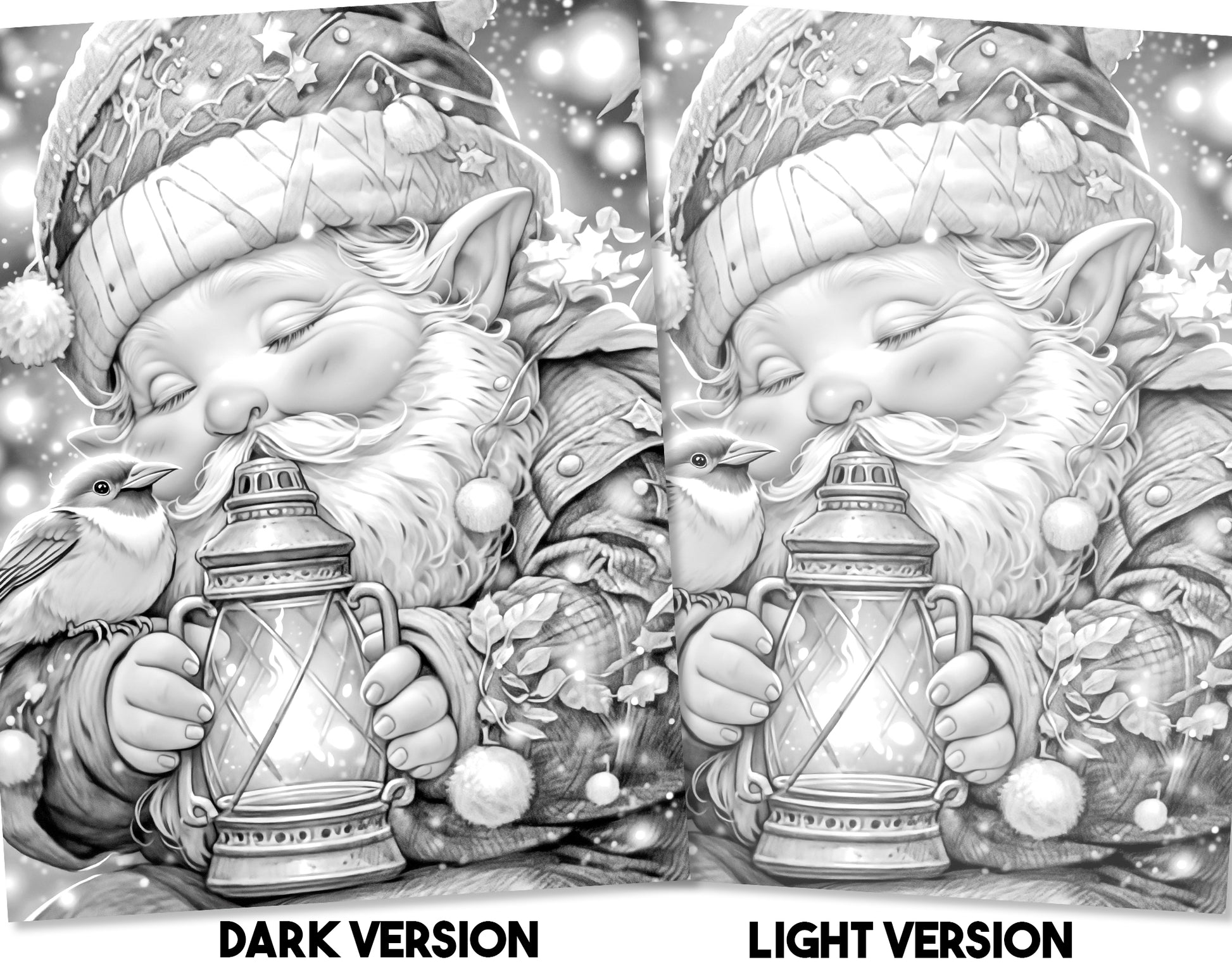 60 Winter Gnomes Grayscale Coloring Pages - Instant Download - Printable PDF Dark/Light – preview 2