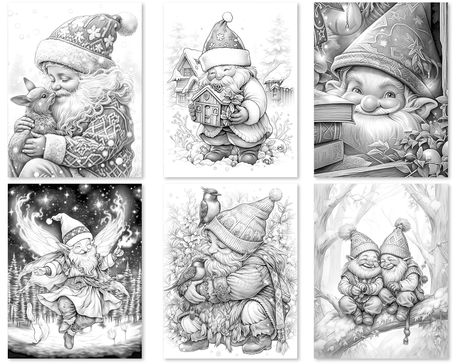 60 Winter Gnomes Grayscale Coloring Pages - Instant Download - Printable PDF Dark/Light – preview 6