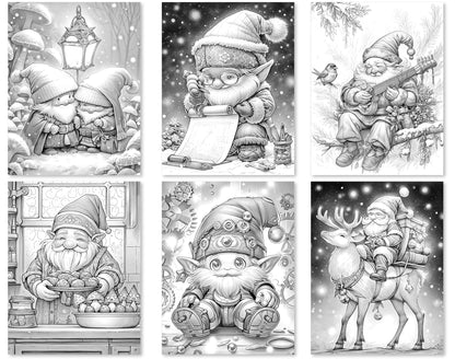 60 Winter Gnomes Grayscale Coloring Pages - Instant Download - Printable PDF Dark/Light – preview 9