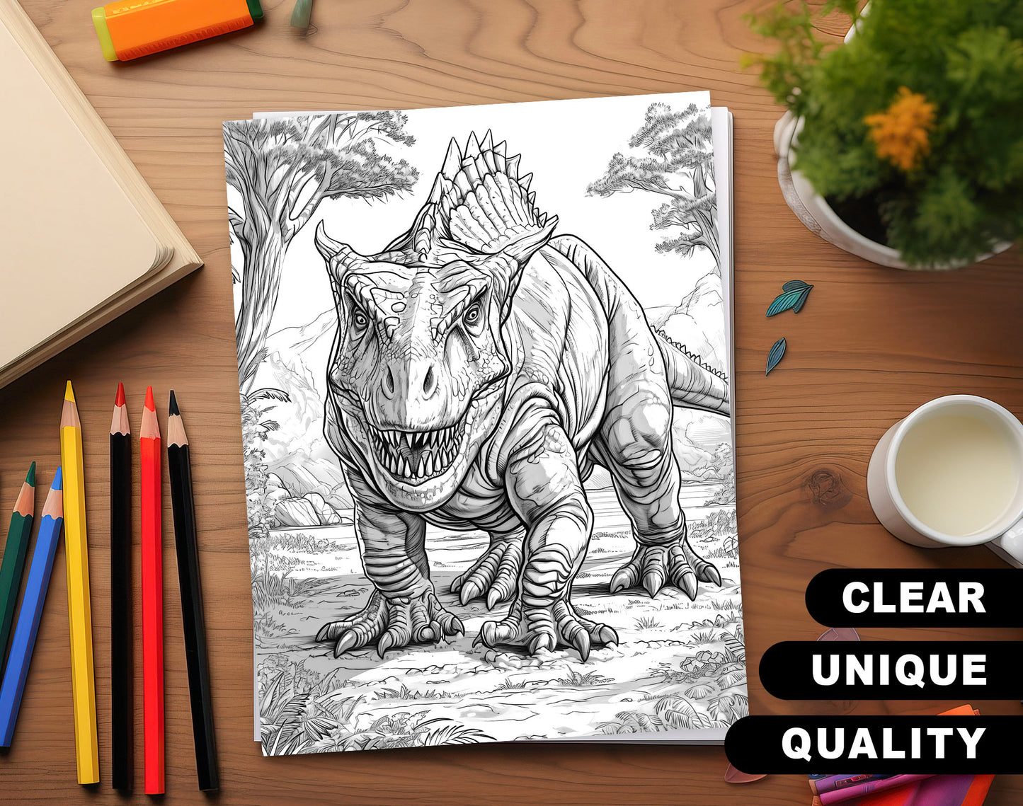 60 Prehistoric Dinosaur Grayscale Coloring Pages - Instant Download - Printable Dark/Light