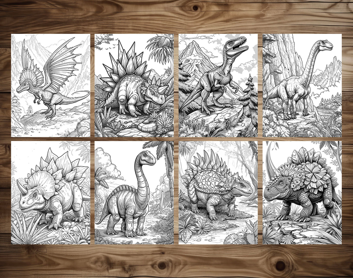 60 Prehistoric Dinosaur Grayscale Coloring Pages - Instant Download - Printable Dark/Light