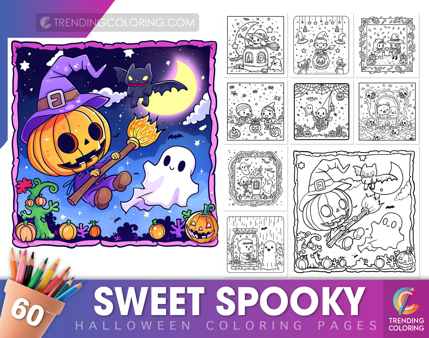 60 Sweet Spooky Halloween Coloring Pages - Instant Download - Printable PDF