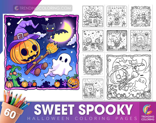 60 Sweet Spooky Halloween Coloring Pages - Instant Download - Printable PDF