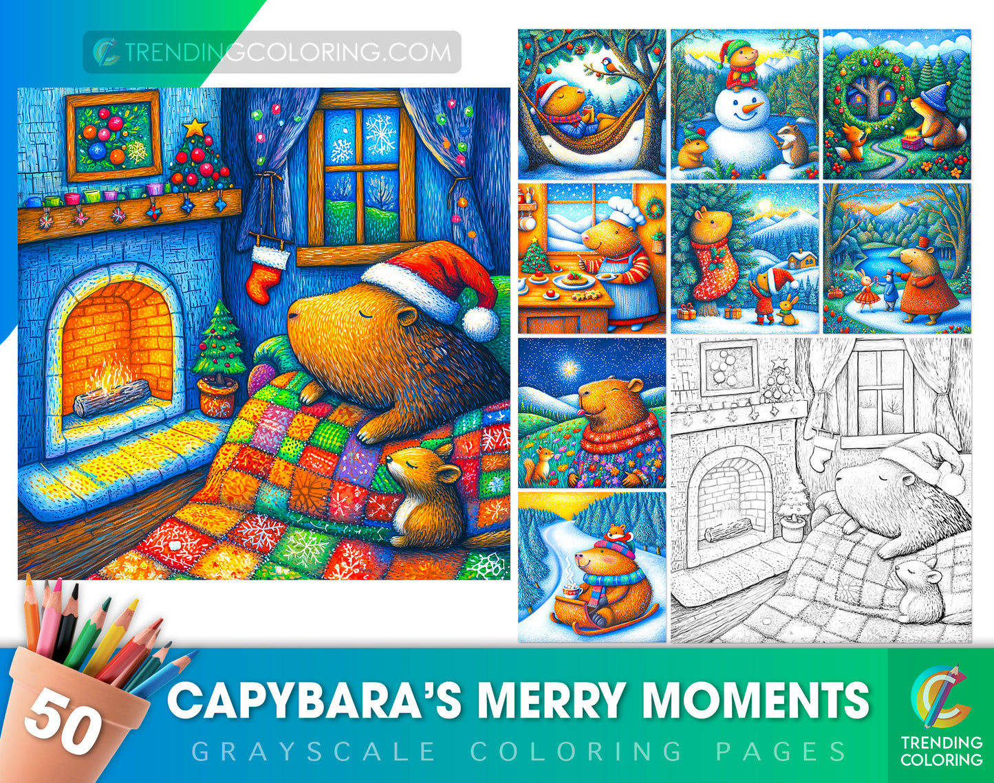 50 Capybara’s Merry Moments Grayscale Coloring Pages