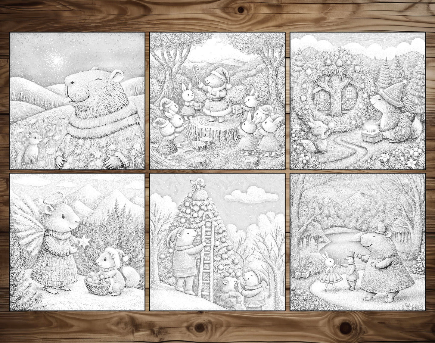 50 Capybara’s Merry Moments Grayscale Coloring Pages