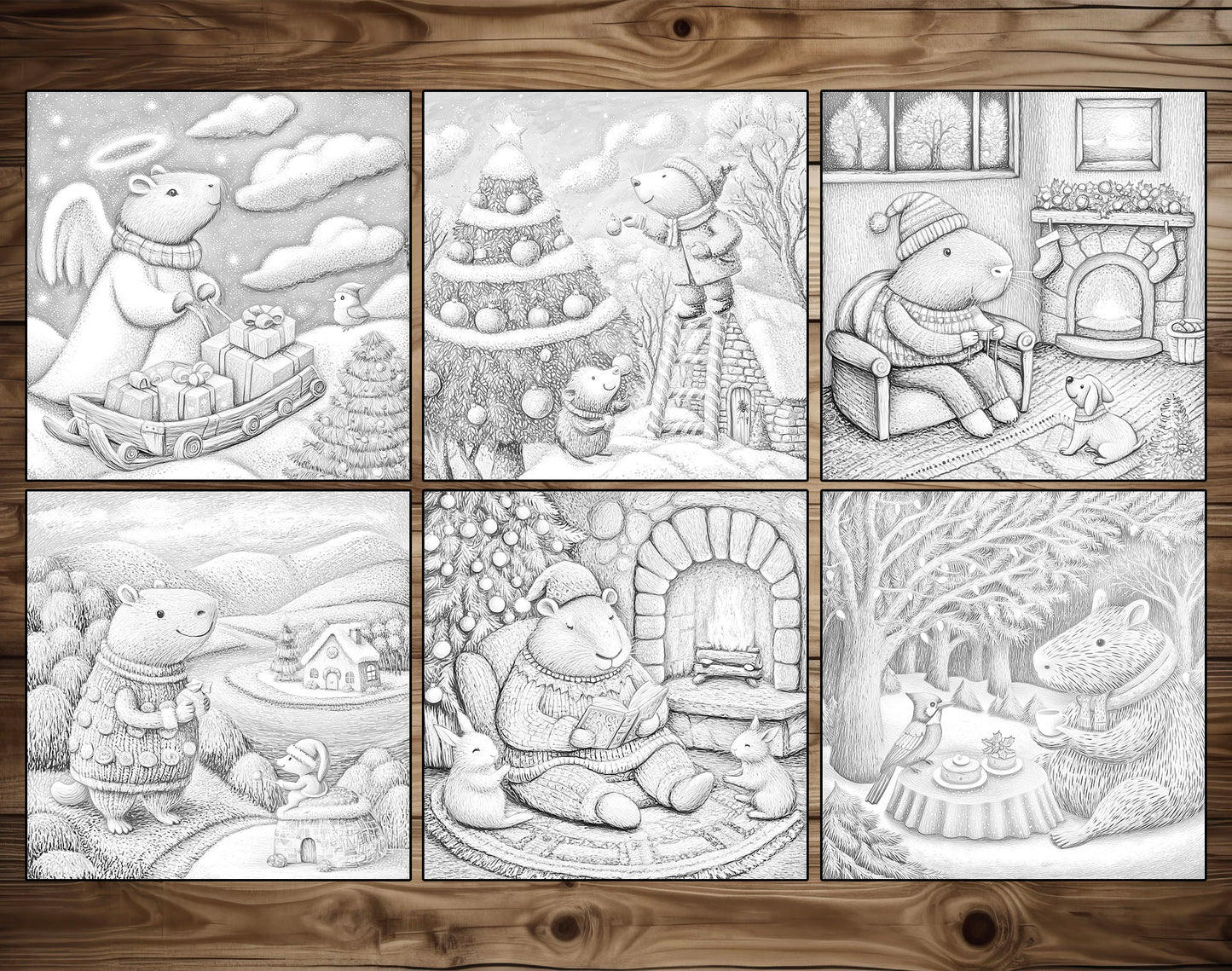 50 Capybara’s Merry Moments Grayscale Coloring Pages