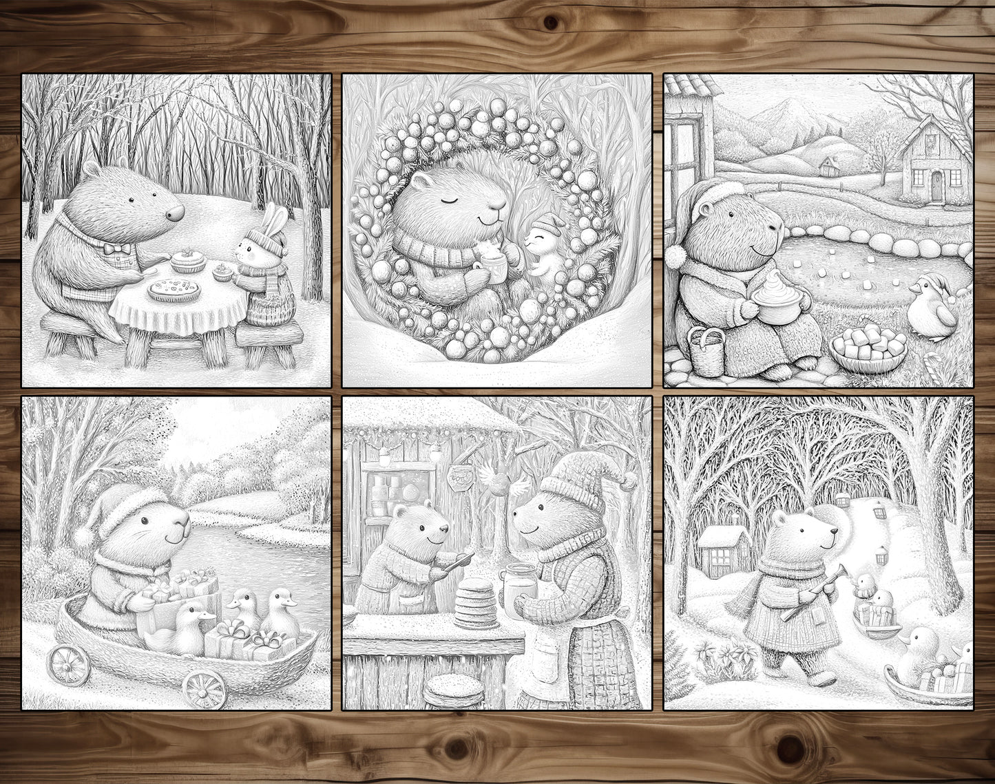 50 Capybara’s Merry Moments Grayscale Coloring Pages