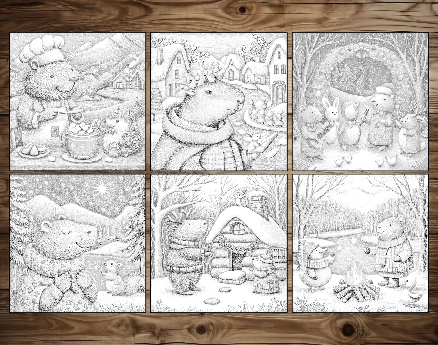 50 Capybara’s Merry Moments Grayscale Coloring Pages