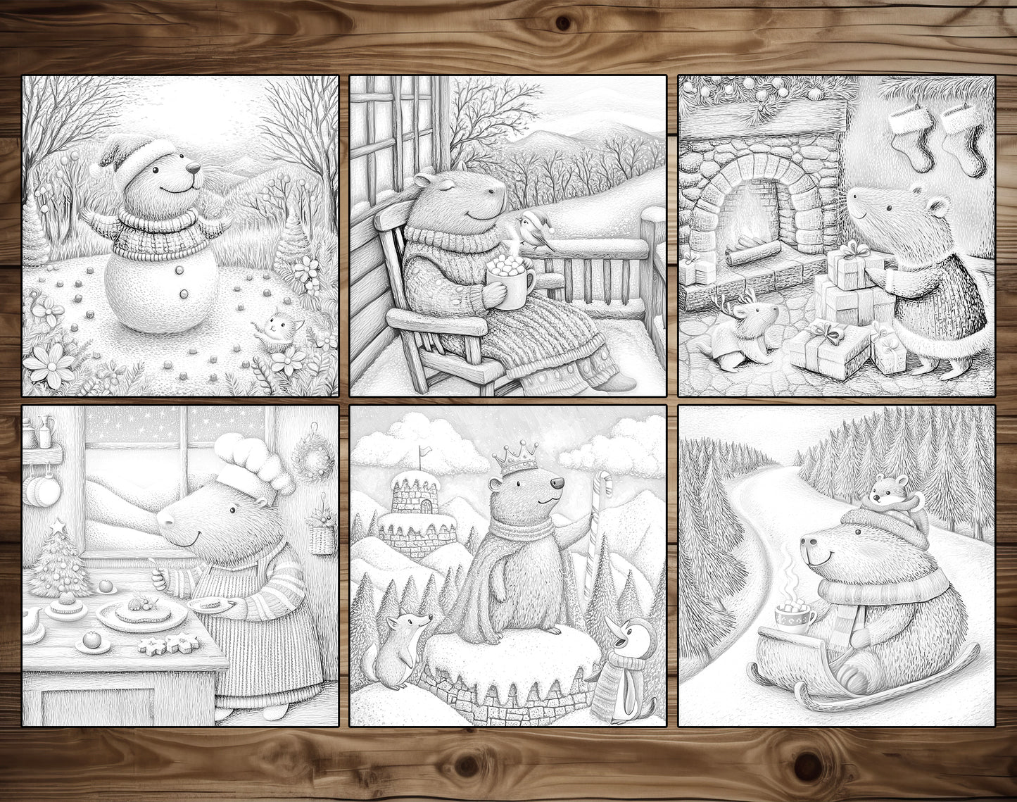 50 Capybara’s Merry Moments Grayscale Coloring Pages