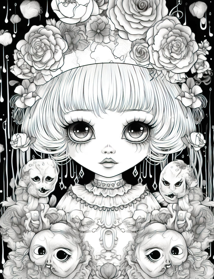 25 Kawaii Gothic Girl Grayscale Coloring Pages for Adults - Instant Do ...