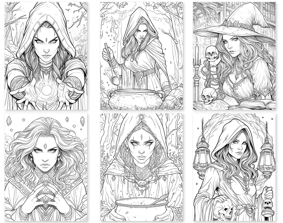 70 Beauty Witches Grayscale Coloring Pages - Instant Download - Printa