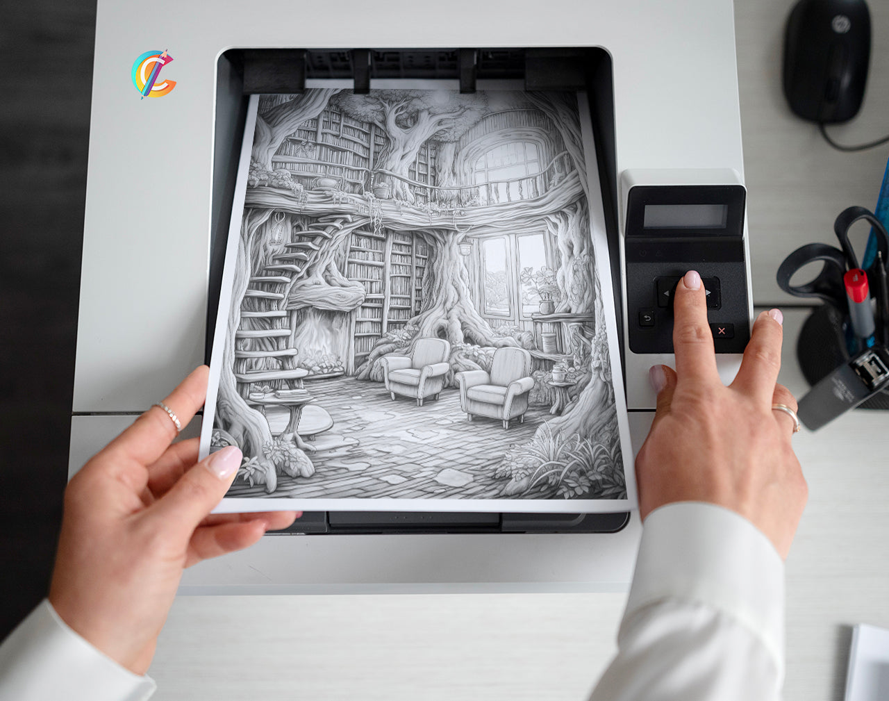 70 Fantasy Interiors Grayscale Coloring Pages - Instant Download - Printable PDF