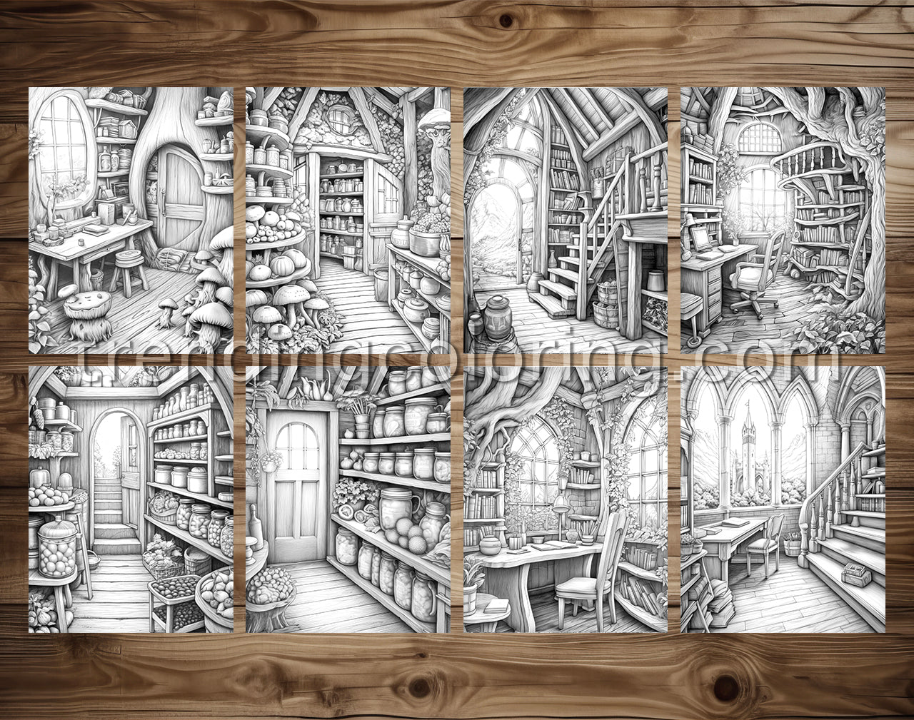 70 Fantasy Interiors Grayscale Coloring Pages - Instant Download - Printable PDF