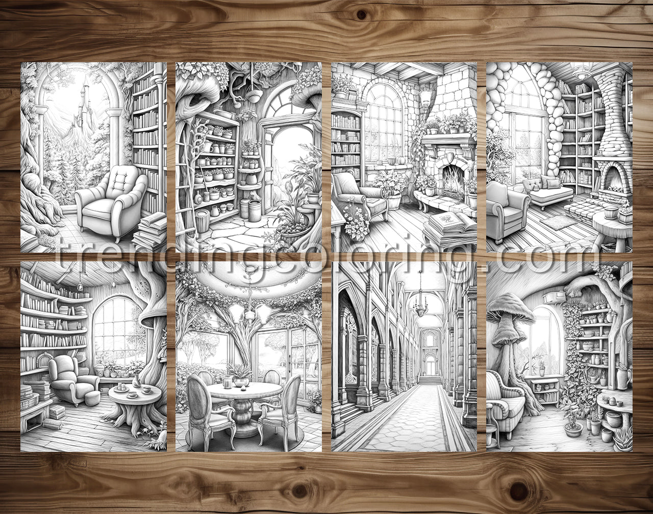 70 Fantasy Interiors Grayscale Coloring Pages - Instant Download - Printable PDF