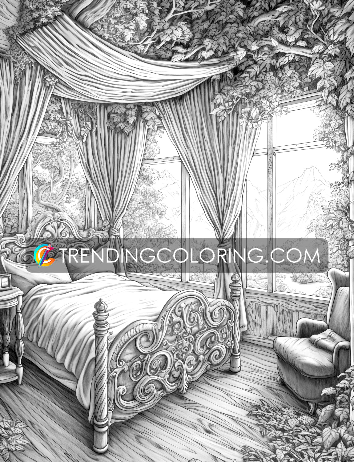 70 Fantasy Interiors Grayscale Coloring Pages - Instant Download - Printable PDF